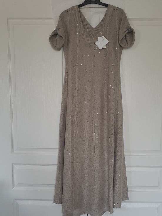 Brunello Cucinelli Dresses & Skirts - Brunello Cucinelli Taupe Sequin Knit V-Neck Maxi Dress